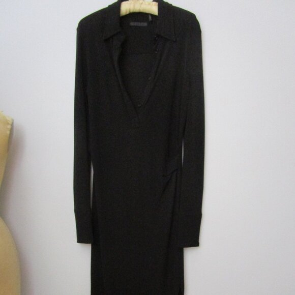 Button Down Long Dress Minimalist Black Viscose Knit - Picture 3 of 12